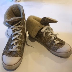 COACH Gold-Tone Bonney Shearling Hi- Top Sneaker